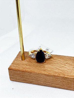 Anel Gota Preta e Cristal