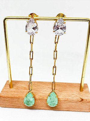 Brinco Longo com Pedra Fusion Verde e Cristal