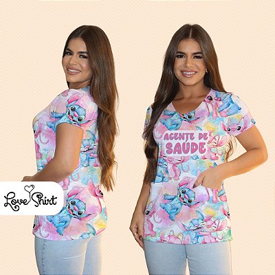 BATA COM BOLSO/SCRUB PROFISSÃO AGENTE DE SAÚDE STITCH AZUL E ROSA