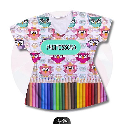 T-SHIRT PROFISSÃO PROFESSORA CORUJA BARRA LÁPIS COLORIDO