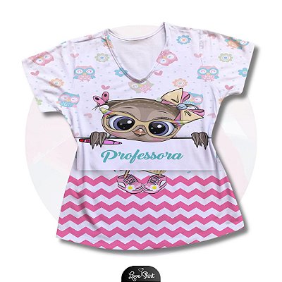 T-SHIRT PROFISSÃO PROFESSORA CORUJA VARIADA BARRA ROSA PINK