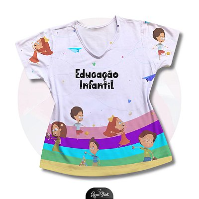 T-SHIRT PROFISSÃO EDUCAÇÃO INFANTIL BARRA LISTAS COLORIDAS