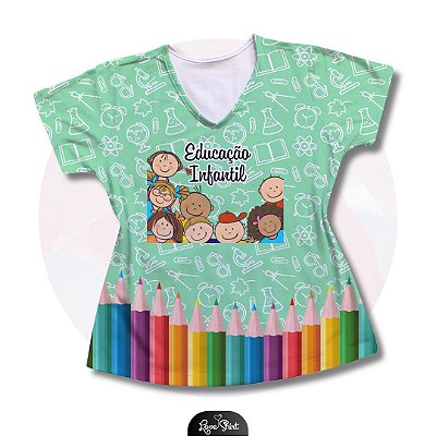 T-SHIRT PROFISSÃO EDUCAÇÃO INFANTIL VARIADA FUNDO AZUL BARRA DE LÁPIS