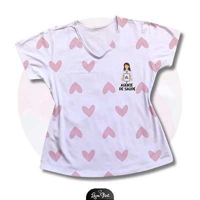 T-SHIRT PROFISSÃO AGENTE DE SAÚDE MULHER FD BRANCO E CORAÇÕES