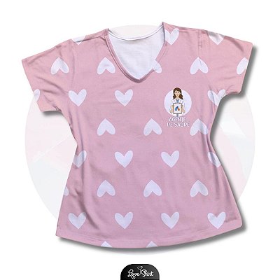 T-SHIRT PROFISSÃO AGENTE DE SAÚDE MULHER FD ROSA E CORAÇÕES