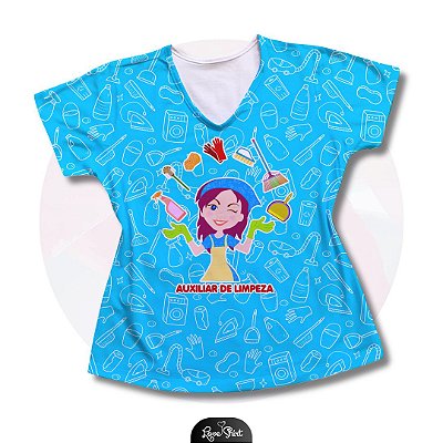 T-SHIRT PROFISSÃO AUXILIAR DE LIMPEZA MULHER FD AZUL VARIADO