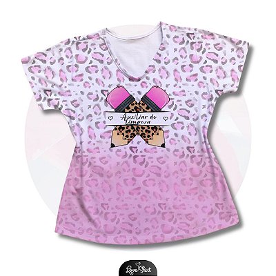 T-SHIRT PROFISSÃO AUXILIAR DE LIMPEZA LAPÍS ONCINHA DEGRADÊ ROSA 02
