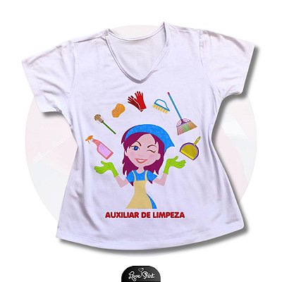 T-SHIRT PROFISSÃO AUXILIAR DE LIMPEZA CENTRAL MULHER COM MATERIAIS