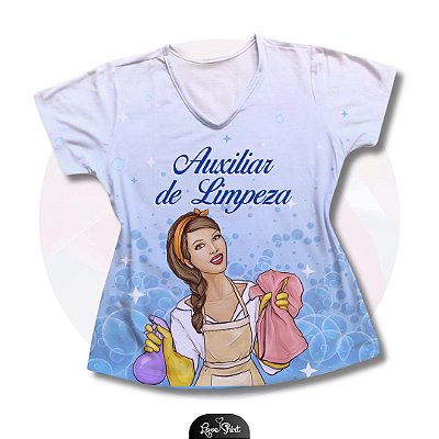T-SHIRT PROFISSÃO AUXILIAR DE LIMPEZA MULHER FD AZUL COM BOLHAS