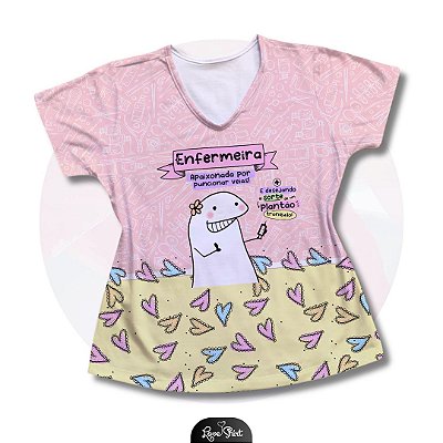 T-SHIRT PROFISSÃO ENFERMEIRA FLORK BARRA AMARELO FD ROSA