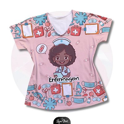 T-SHIRT PROFISSÃO ENFERMAGEM BONECA FD ROSA BARRA