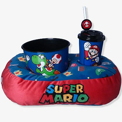 KIT ALMOFADA PIPOCA INFANTIL FIBRA VELUDO SUPER MARIO