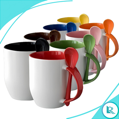 Kit 12 Canecas C/ Colher Alça e Interior Colorido P/ Sublimação