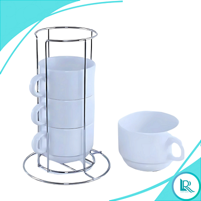 Kit 4 Xícaras De Porcelana P/ Sublimação + Suporte Branco