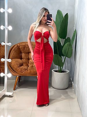 Vestido Longo em Malha Romantic sem Alça com Recorte e Fivela