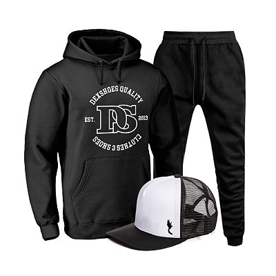 Kit Conjunto de Moletom Unissex Flanelado Calça e Blusa Estampada Bolso Único Capuz Punhos com Bone do P ao EXG