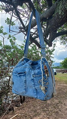 Bolsa Saco Azul Claro com Contas