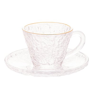 Xícara de Cristal Martelado para Café com Pires e Fio de Ouro Petra 70ml - Lyor
