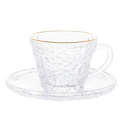 Xícara de Cristal Martelado para Chá com Pires e Fio de Ouro Petra 180ml - Lyor