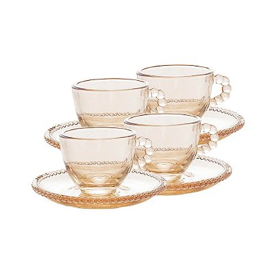 Conjunto 4 Xícaras de Café de Cristal com Pires Pearl Âmbar Metalizado 80ml - Wolff