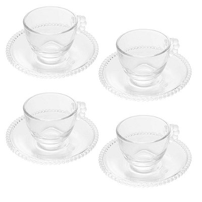 Conjunto 4 Xícaras de Café de Cristal com Pires Pearl 80ml - Wolff