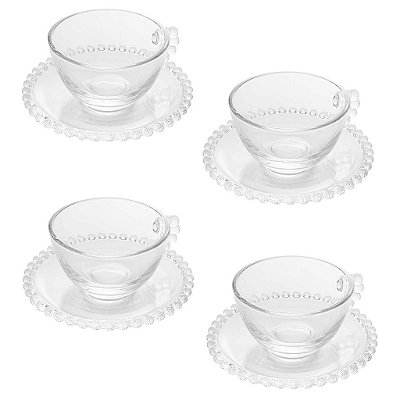 Conjunto 4 Xícaras de Chá de Cristal com Pires Pearl 180ml - Wolff