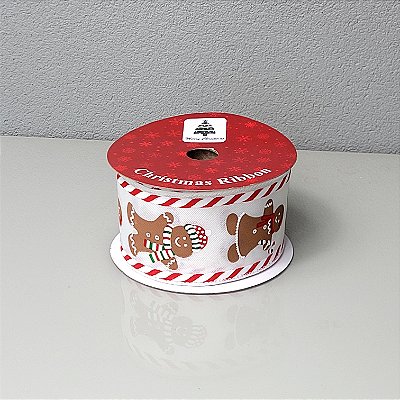 Fita Decorativa Natalina Aramada com Estampa Gingerbread 6.3cm x 9.14m