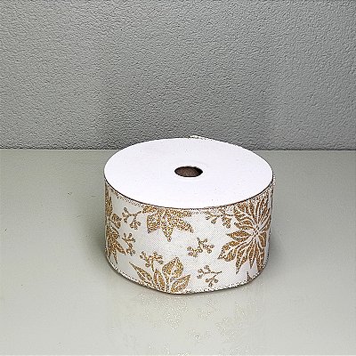 Fita Decorativa Creme com Estampa Floral 6.3cm x 9.14m