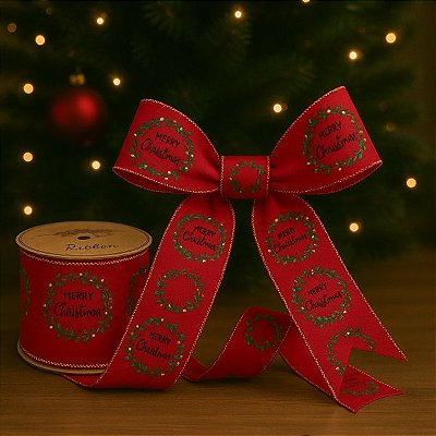 Fita Decorativa Estampa “Merry Christmas” Vermelha 6.3cm x 9.14m