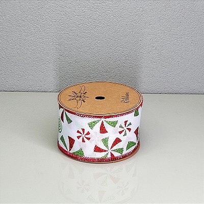 Fita Decorativa Estampa Candy Branco Vermelho e Verde 6.3cm x 9.14m