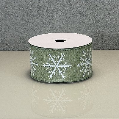 Fita Decorativa Verde com Floco de Neve 6.3cm x 9.14m