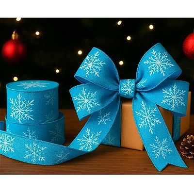 Fita Decorativa Estampa Azul com Floco de Neve 6.3cm x 9.14m
