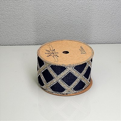 Fita Decorativa Estampa Azul Marinho e Dourado Losango 6.3cm x 9.14m