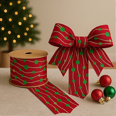 Fita Decorativa Estampa Poá Vermelho. Verde e Dourado 6.3cm x 9.14m