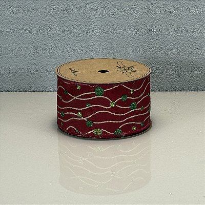 Fita Decorativa Estampa Poá Vermelho Verde e Dourado 6.3cm x 9.14m