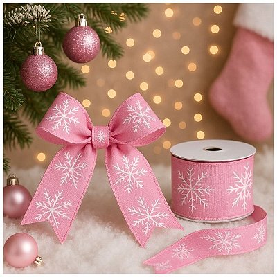 Fita Decorativa Rosa com Floco de Neve Estampado 6.3cm x 9.14m