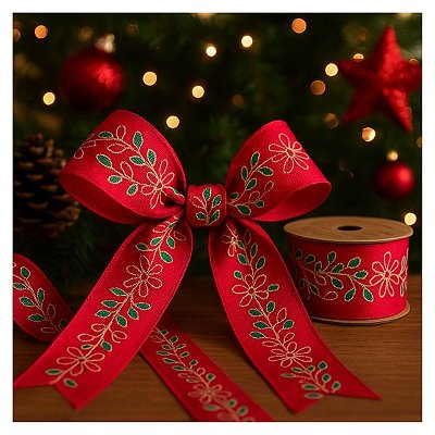 Fita Decorativa Floral Vermelha Escura 6.3cm x 9.14m