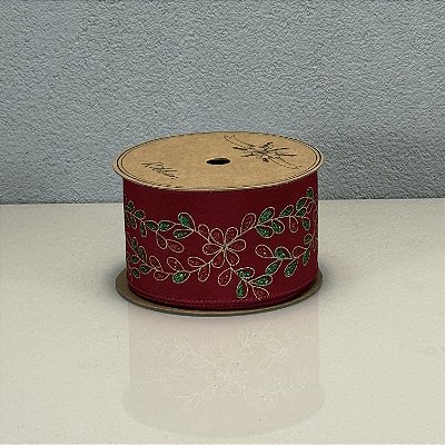 Fita Decorativa Floral Vermelha Escura 6.3cm x 9.14m
