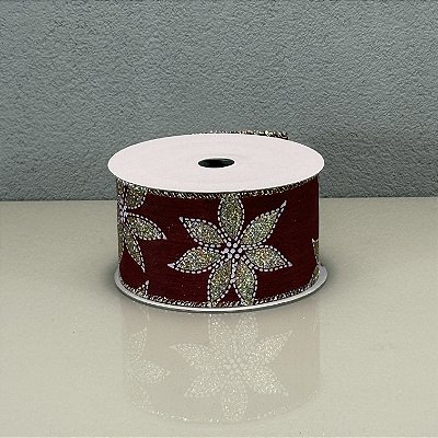 Fita Decorativa Floral Vermelha Escura 6.3cm x 9.14m