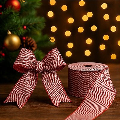Fita Decorativa Listrada Branca e Vermelha 6.3cm x 9.14m