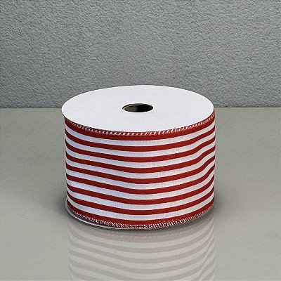 Fita Decorativa Listrada Branca e Vermelha 6.3cm x 9.14m