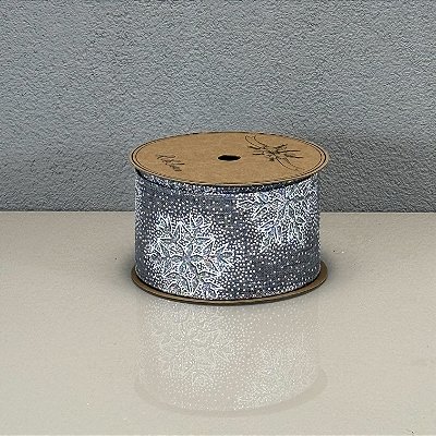 Fita Decorativa Prata com Estampa de Neve 6.3cm x 9.14m