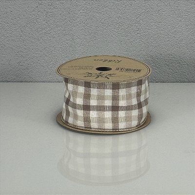 Fita Decorativa Aramada Estampa Xadrez Creme 6,3cm x 9,14m
