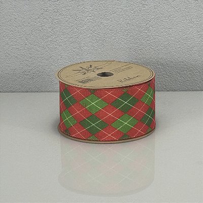 Fita Decorativa Aramada Estampa Losango Verde e Vermelho 6,3cm x 9,14m