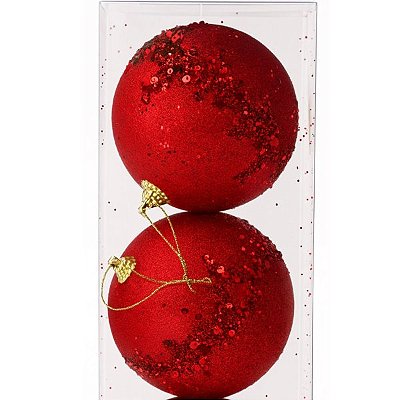 Conjunto 2 Bolas de Natal Flocada com Glitter Vermelha 10cm