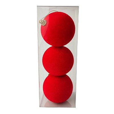 Conjunto 3 Bolas de Natal Flocada Vermelha 8cm