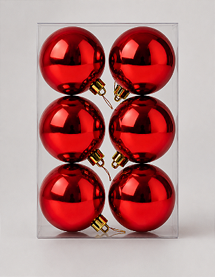 Kit 6 Bolas de Natal 8cm Vermelha Brilhante