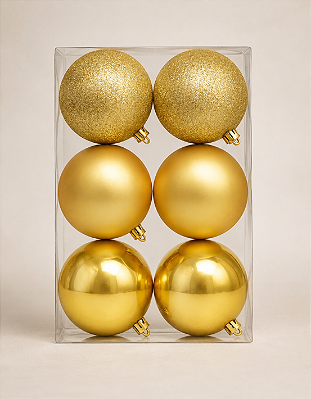 Kit 6 Bolas de Natal 8cm Dourada Brilhante Fosca Glitter