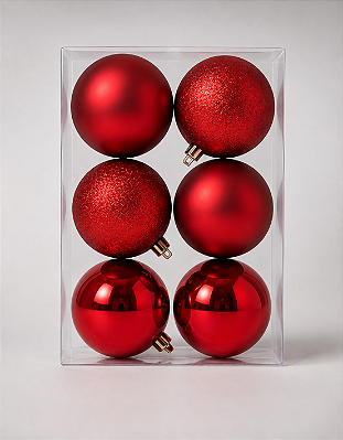 Kit 6 Bolas de Natal 6cm Vermelhas Brilhante Fosca Glitter