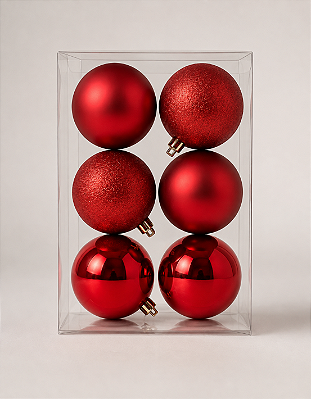 Kit 6 Bolas de Natal 8cm Vermelhas Brilhante Fosca Glitter
